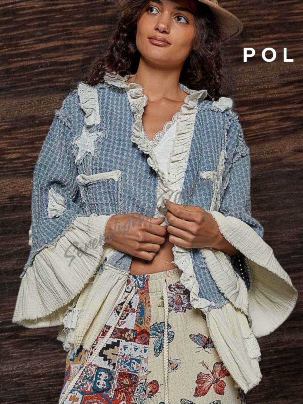 POL Blue & Cream Stars & Moon Ruffle-Trim Boho Jacket